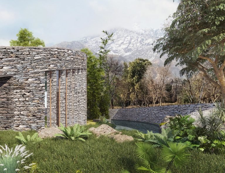 curved stone wall and swimming pool in Dharamshala