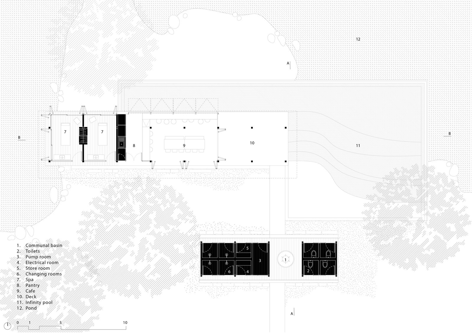 Floor plan of spa, restaurant and pool at Sustainable Forest Eco Resort Andhra Pradesh