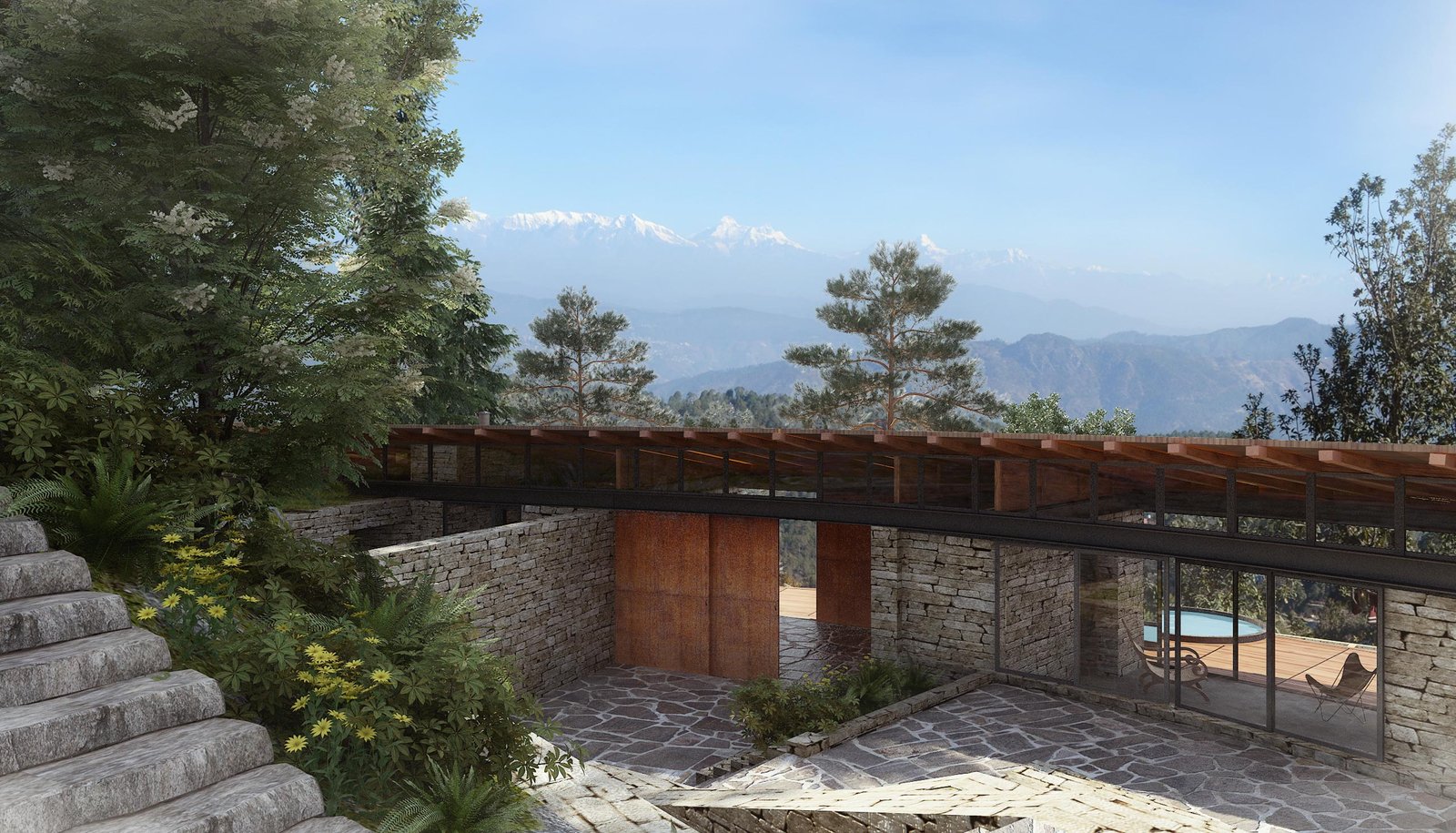 mountain home entrance with view of Himalayan mountain range Uttarakhand