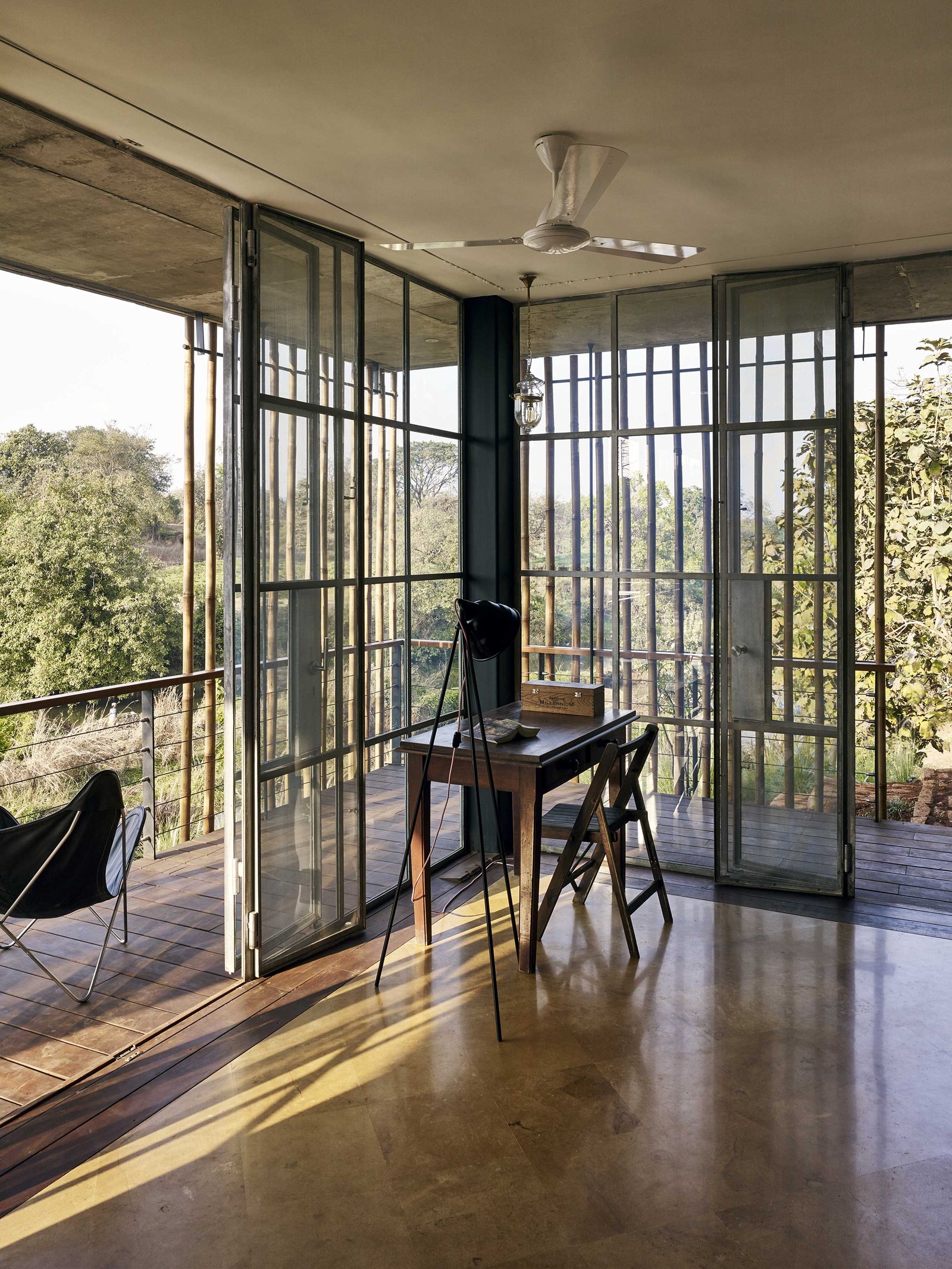 Riparian House bedroom corner bamboo screen