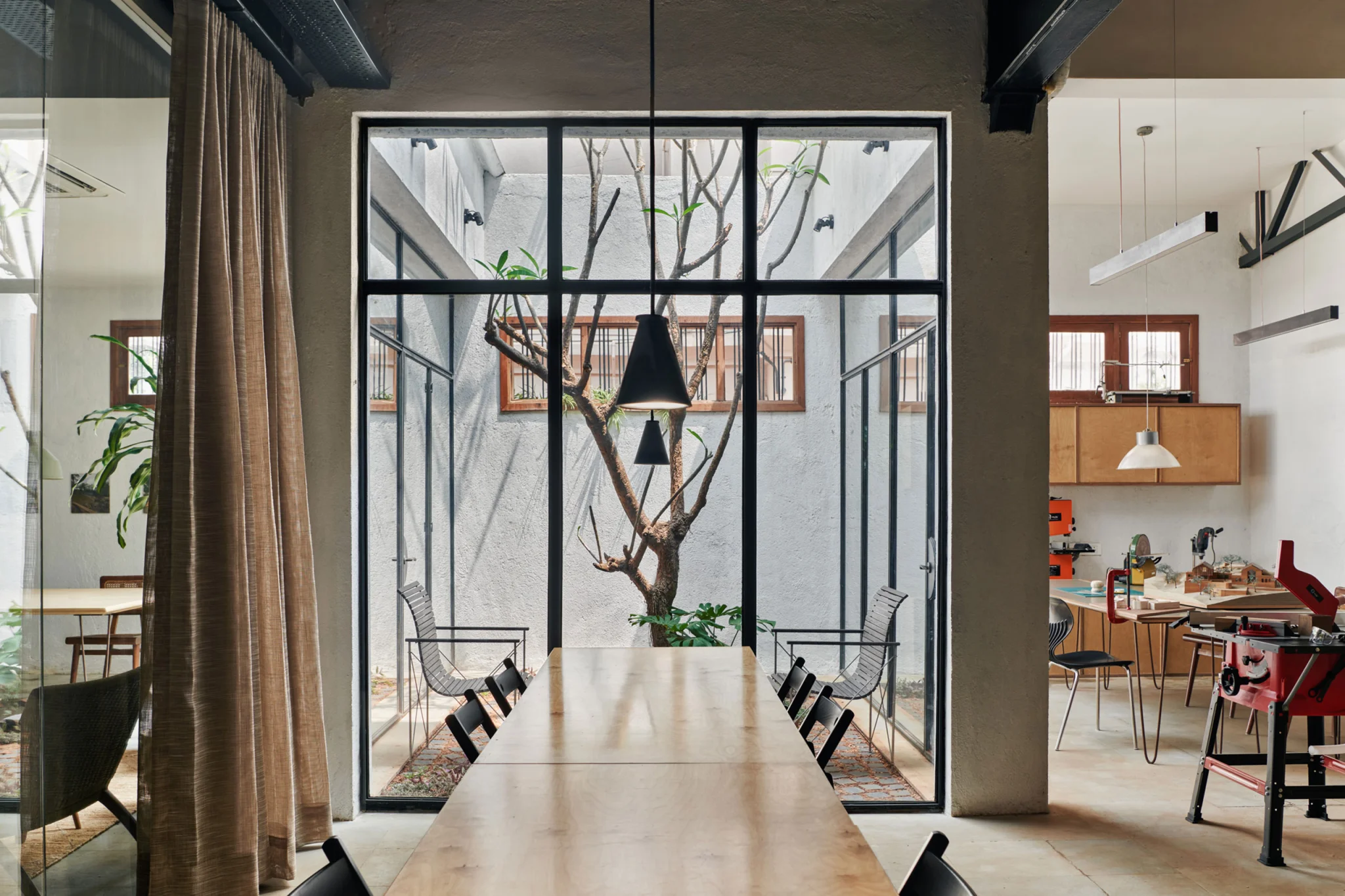 canteen with courtyard view of frangipani tree